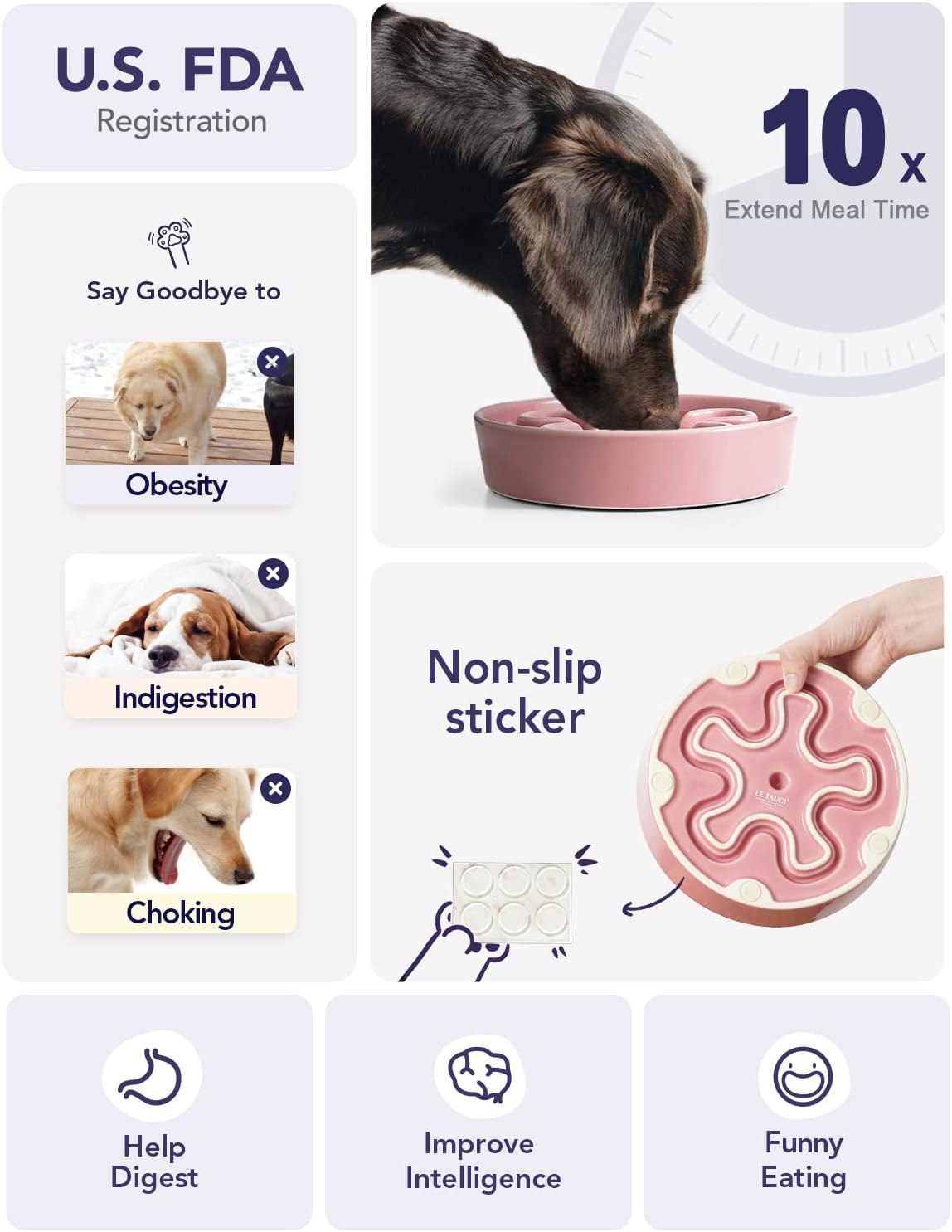 LE TAUCI Slow Feeder Dog Bowls Ceramic,3 Cups Slow Feeding Dog Bowl Medium Large Breed, Pet Bowl for Fast Eaters, Puzzle Pet Dishes, Pink Bloom