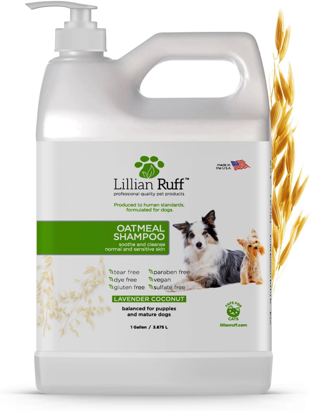 Lillian Ruff PRO Formula Deodorizing Oatmeal Dog Shampoo - Calms Itching & Allergies, Ultra-Nourishing Dry Skin Relief - Oatmeal, Aloe, Coconut Oil, Lavender & Provitamin B5 - Made in USA Gallon+Pump