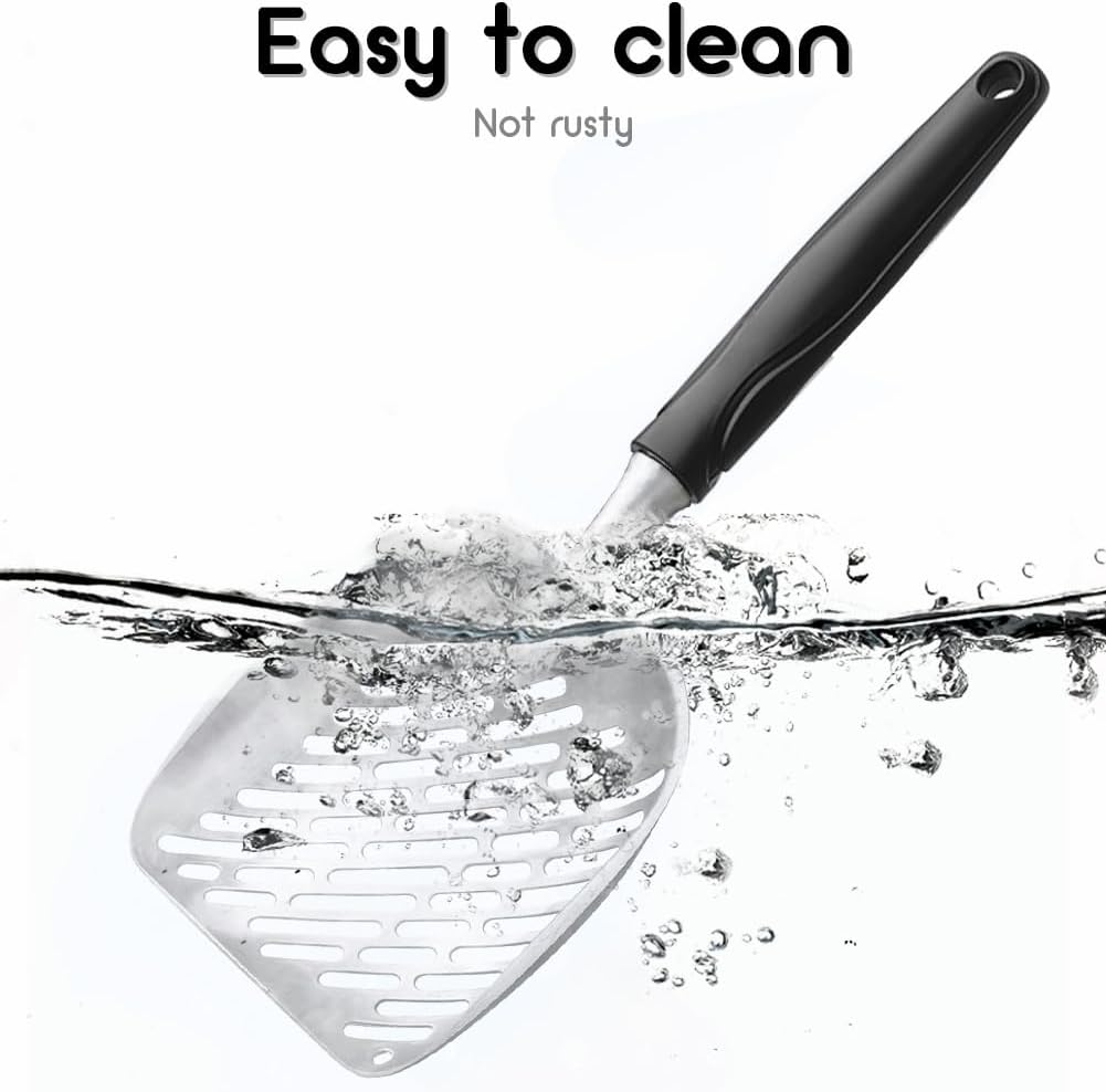 Cat Litter Scoop,Long Handle Cat Scooper,Stainless Steel Metal Scoop,Poop Sifting,Mesh Shovel,Suitable for Cat Litter Box(Black)