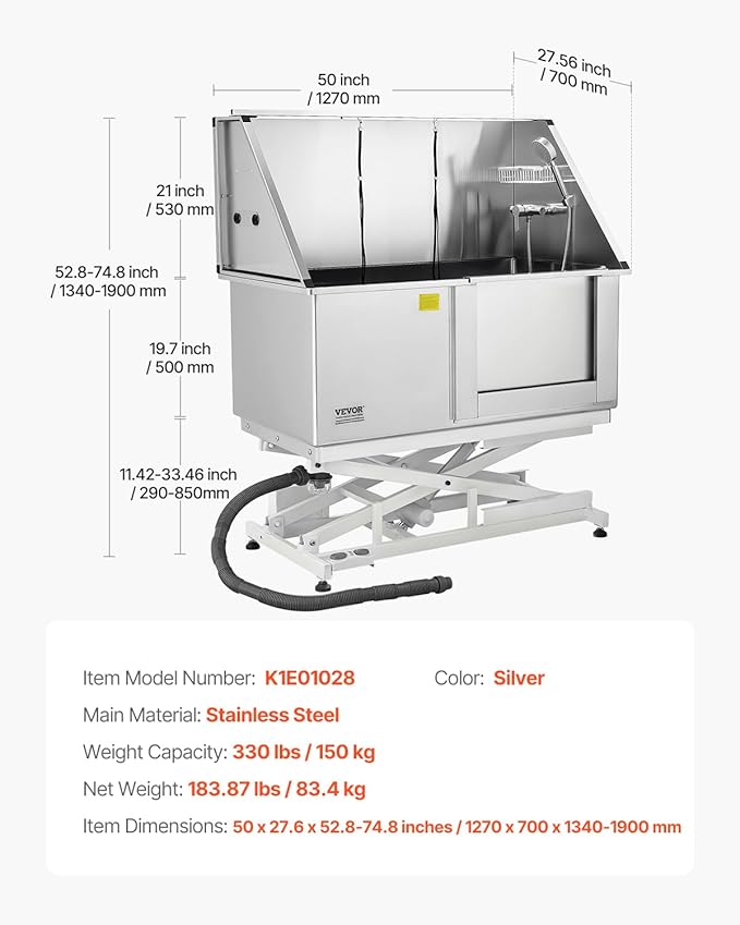 VEVOR Electric Lift Dog Washing Station, 50 inch Professional Stainless Steel Pet Grooming Tub w/PE Water Filter Board, Faucet & Showerhead Dog Bathtub Washing Sink for Multiple Pets (Right Door)