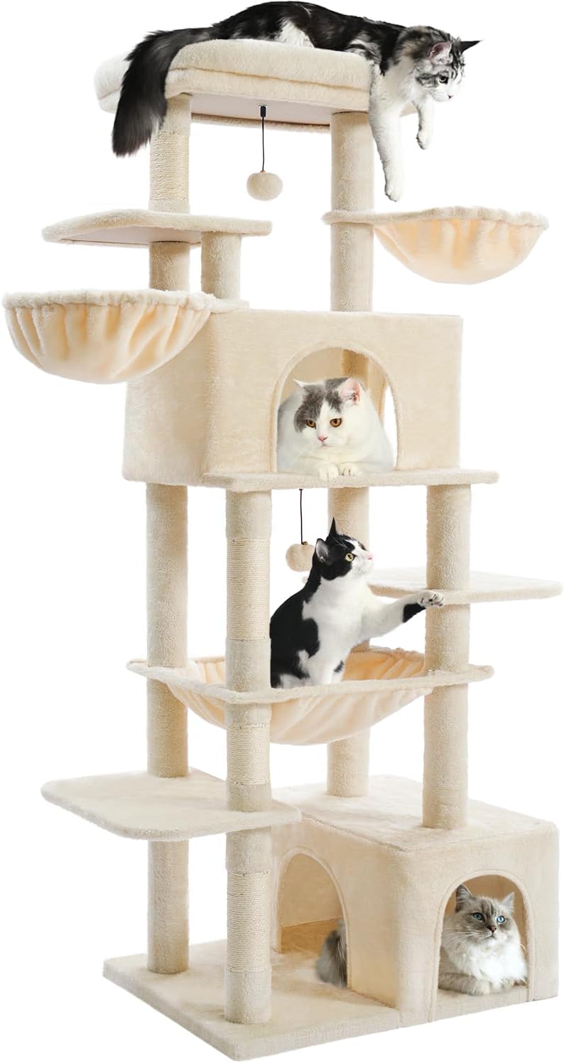 Cat Tree Large Cat Tower Tree 68" Multi-Level Cat Tower for Indoor Cats with Sisal Scratching Posts, Widen Cat Perche, Square Hammock, 2 Widen Condos, Scratching Posts, Beige