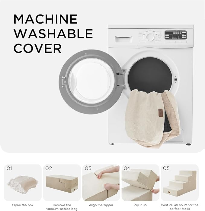 Made4Pets Dog Steps for Bed, Extra Wide Dog Stairs for High Bed Couch Sofa, 35D Foam Pet Steps for Small Dogs and Cats, Non-Slip Bottom Pet Stairs, Beige, 4 Steps