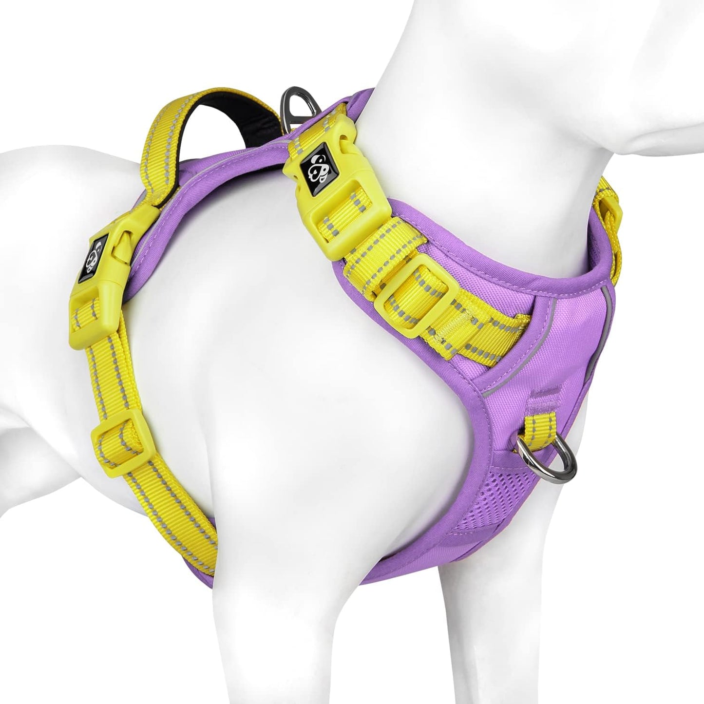 PHOEPET No Pull Dog Harness, Unique Colors Reflective Adjustable Dog Vest, with Soft Training Handle Metal Clips for Small Medium Large Dogs (Baby Purple Base & Yellow Straps,S)