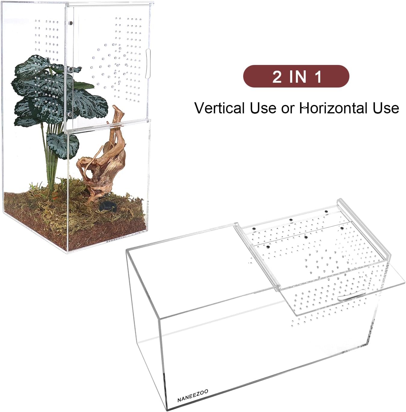 NANEEZOO Acrylic Reptile Terrarium Enclosure, 14”x6”x8” Tarantula Enclosure with Magnetic Sliding Door, Breeding Box for Arboreal Reptiles, Amphibians, Mantis, Spiders, Cricket & Other Invertebrates