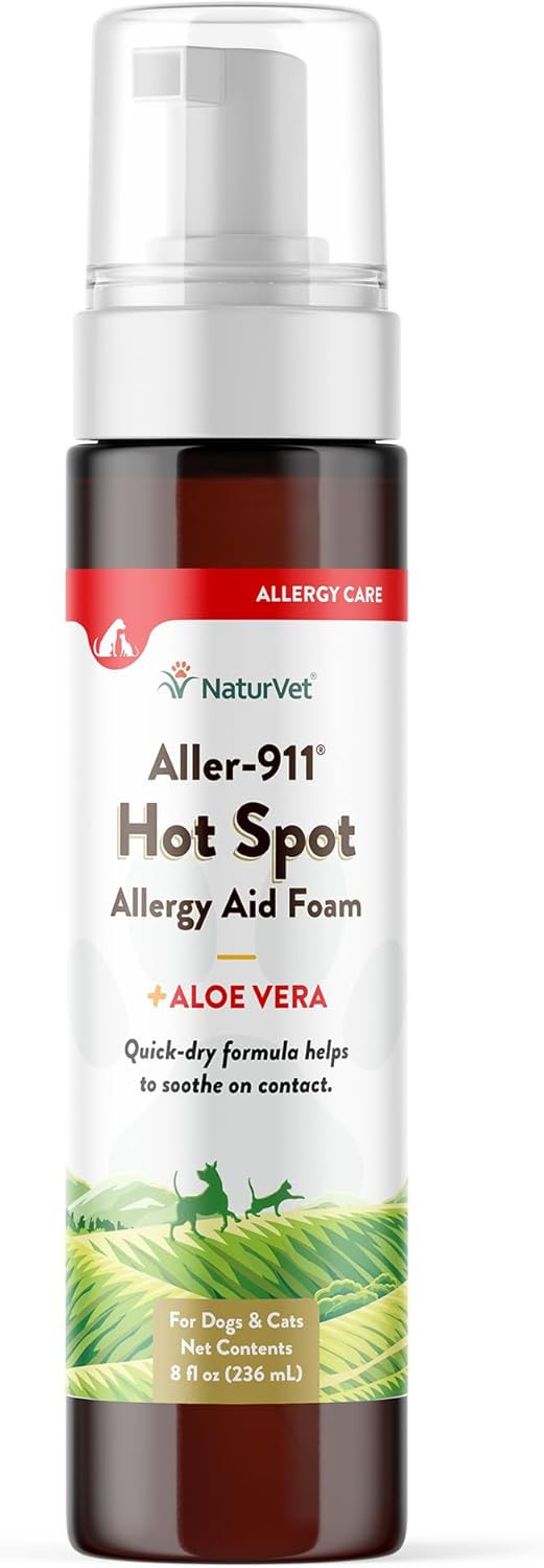 NaturVet Aller-911 Hot Spot Allergy Aid Foam Pet Supplement Plus Aloe Vera – Helps to Relieve Irritated, Itchy Skin for Cats, Dogs – Helps Deter Gnawing, Chewing – Quick Drying – 8 Oz.