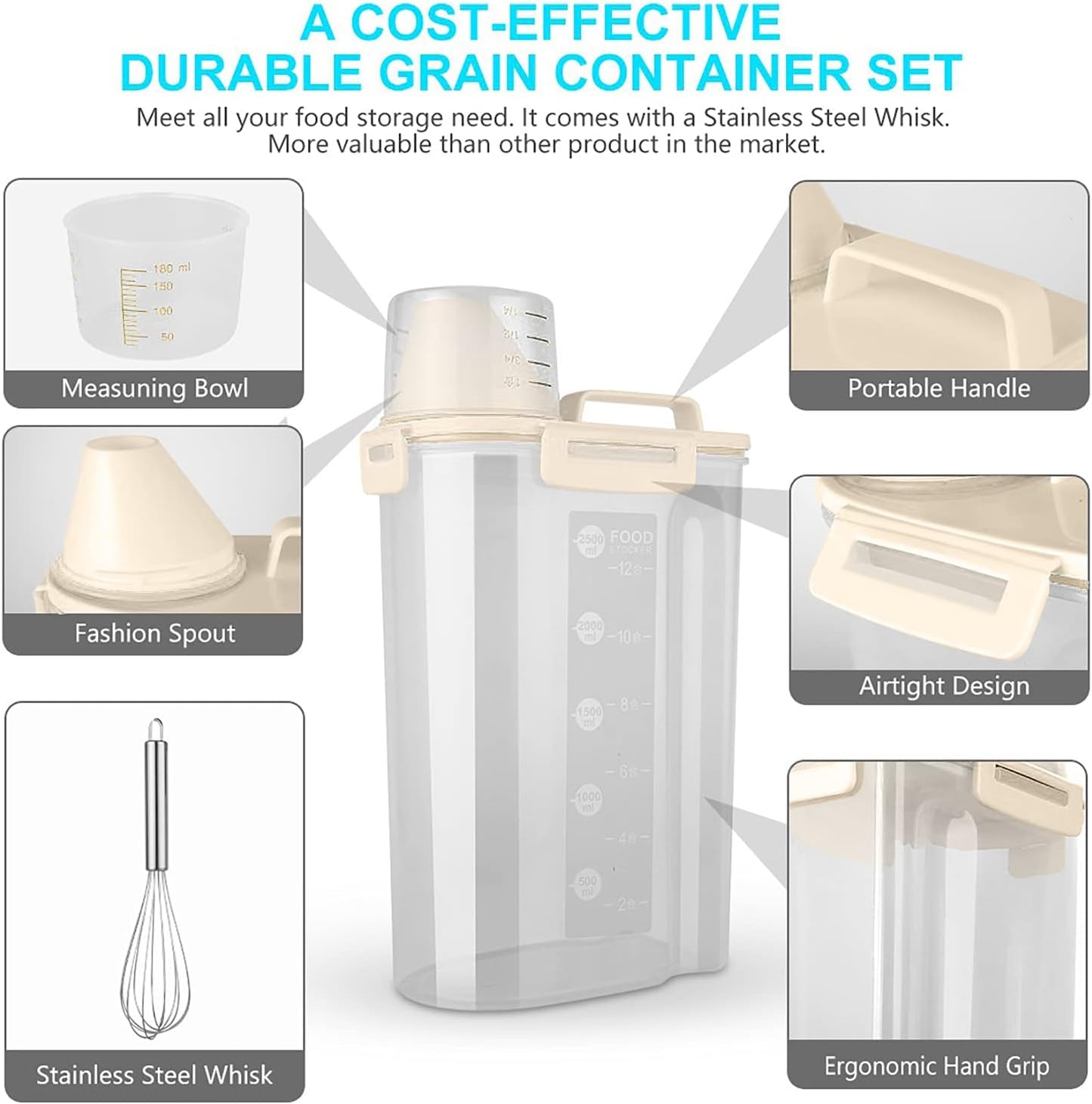 Rice Airtight Dry Food Storage Containers, BPA Free Plastic Storage Bin Dispenser with Pourable Spout, Measuring cup for Cereal, Flour and Baking Supplies, Include a Stainless Steel Whisk