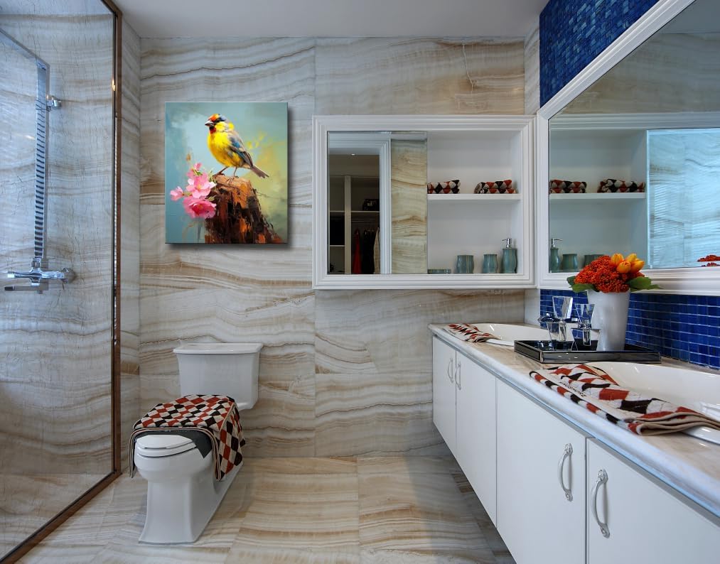 Bathroom Bird Decor Wall Art, Watercolor Bird Picture Canvas Wall Art Decor for Living Room Farmhouse Bathroom Decoration Framed Office Decor Kitchen Accessories 12"x15" 1 PCS