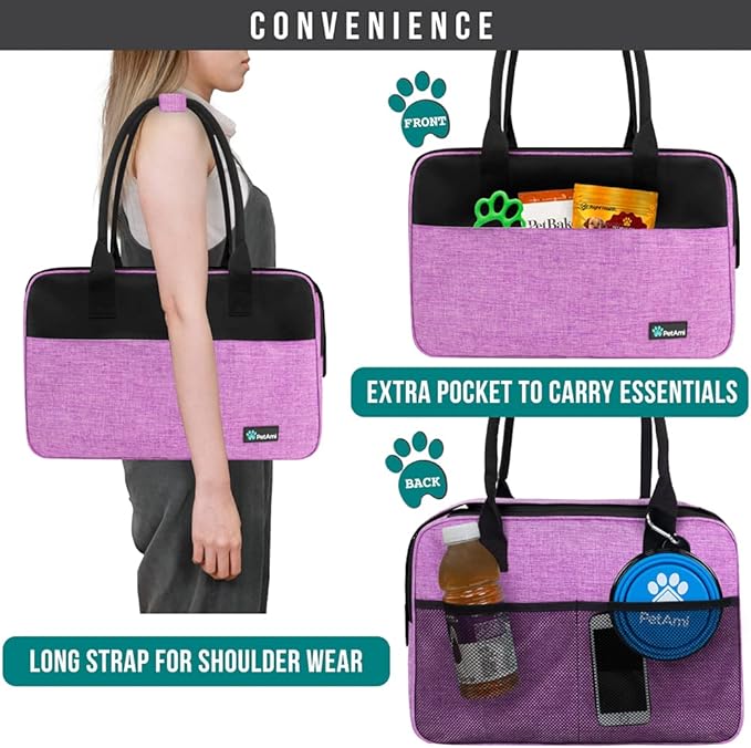 PetAmi Dog Purse Carrier for Small Dogs, Airline Approved Soft Sided Pet Carrier with Pockets, Ventilated Dog Carrying Bag for Puppy Cat, Dog Travel Supplies Bag, Sherpa Bed, Max 12 lbs, Purple