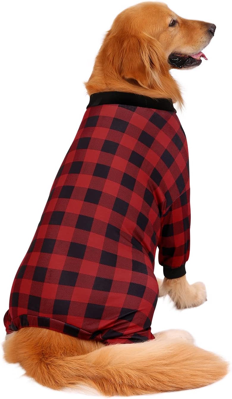 HDE Dog Pajamas One Piece Jammies Jumpsuit Pet Clothes Outfit Stretchy Lightweight Comfy Shirt Pjs for M-3XL Dogs Buffalo Plaid - M