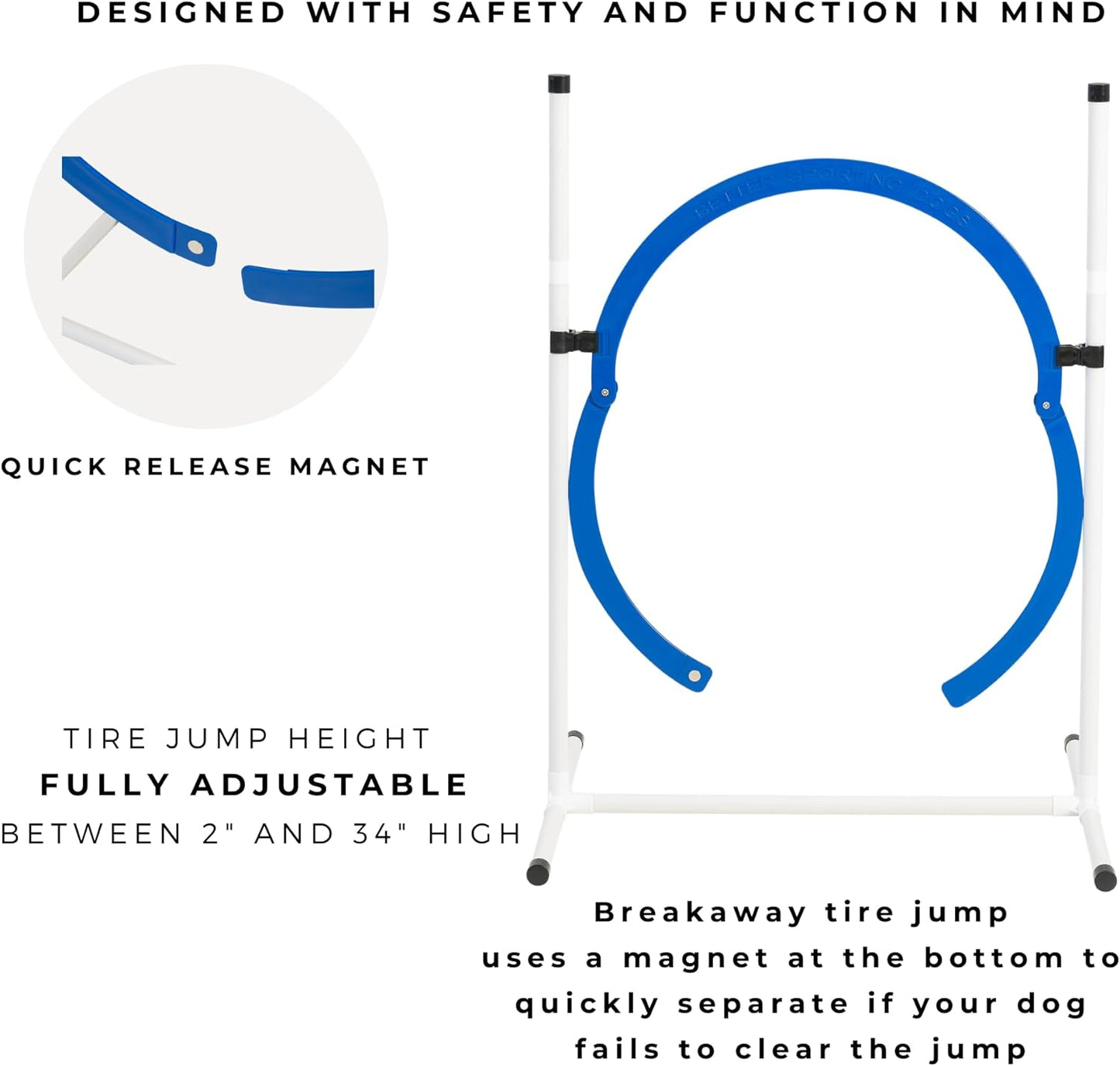 Better Sporting Dogs 4 Pack Adjustable Dog Agility Jumps w/Safety-Focused Features | 2 Bar Jumps with Cup Strips | 2 Breakaway Tire Jumps