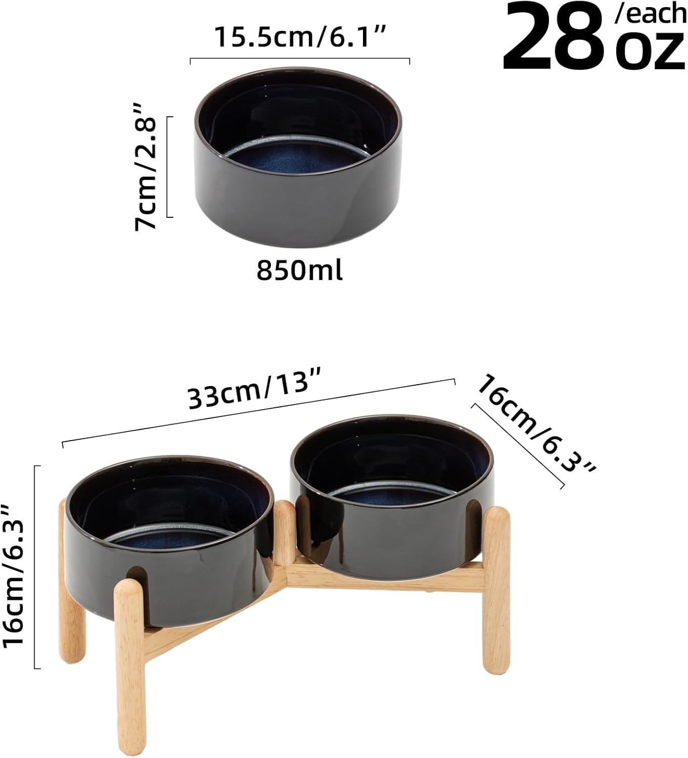 Ceramic 6.1inch Raised Dog Bowl with Stand for Small and Medium Breed Dog Dish Pet Food and Water Bowl (Double Bowl with Stand - Starry Sky, 28oz)