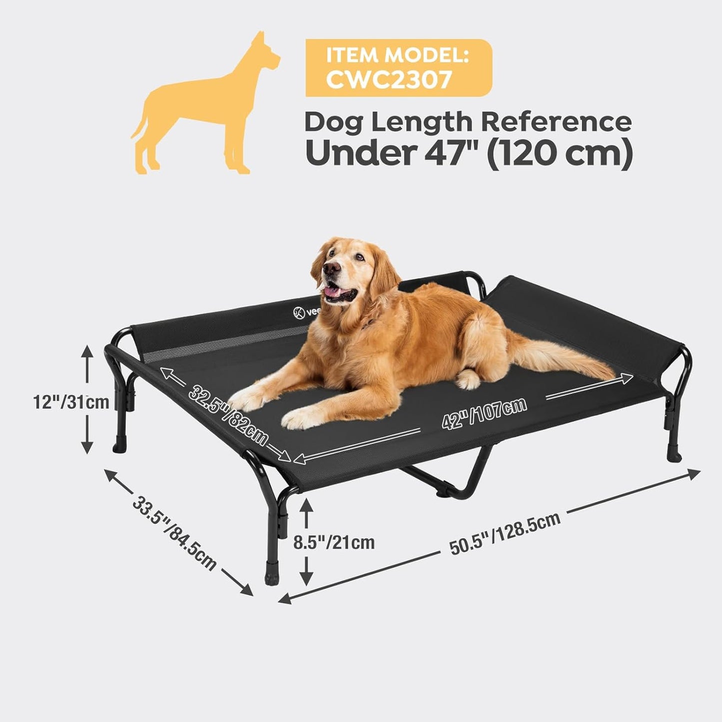 Veehoo Cooling Elevated Dog Bed, XL Raised Pet Cot with Guardrail & Slope Headrest, Durable Breathable Teslin Mesh, Non-Slip Feet, Washable Dog Couch Bed for Indoor & Outdoor, 50.5" x 33.5, Black