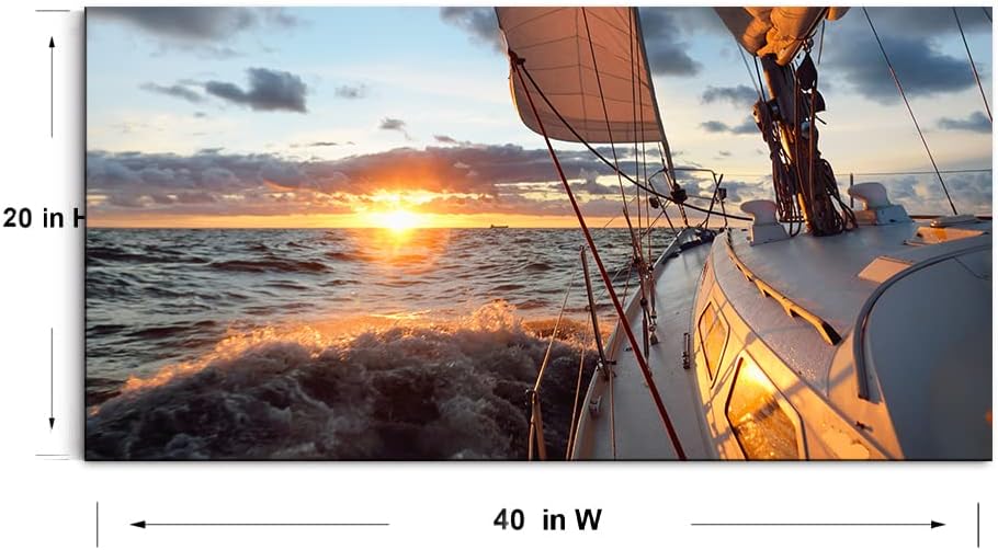 Yacht Sailing in Sea at Sunset Scenery Canvas Wall Art for Living Room Bathroom,Close-up View of Deck Mast Sails Picture Print Artwork Painting Decor,Epic Seascape Scenic Landscape,Inner Frame 20x40