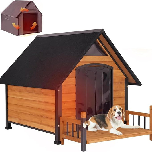 Dog House Outdoor Insulated, Sturdy & Warm Winter Puppy Shelter, 45" L Large Dog Kennel with Chew-Proof Iron Frame, Suitable for Small to Large Dogs(Brown)