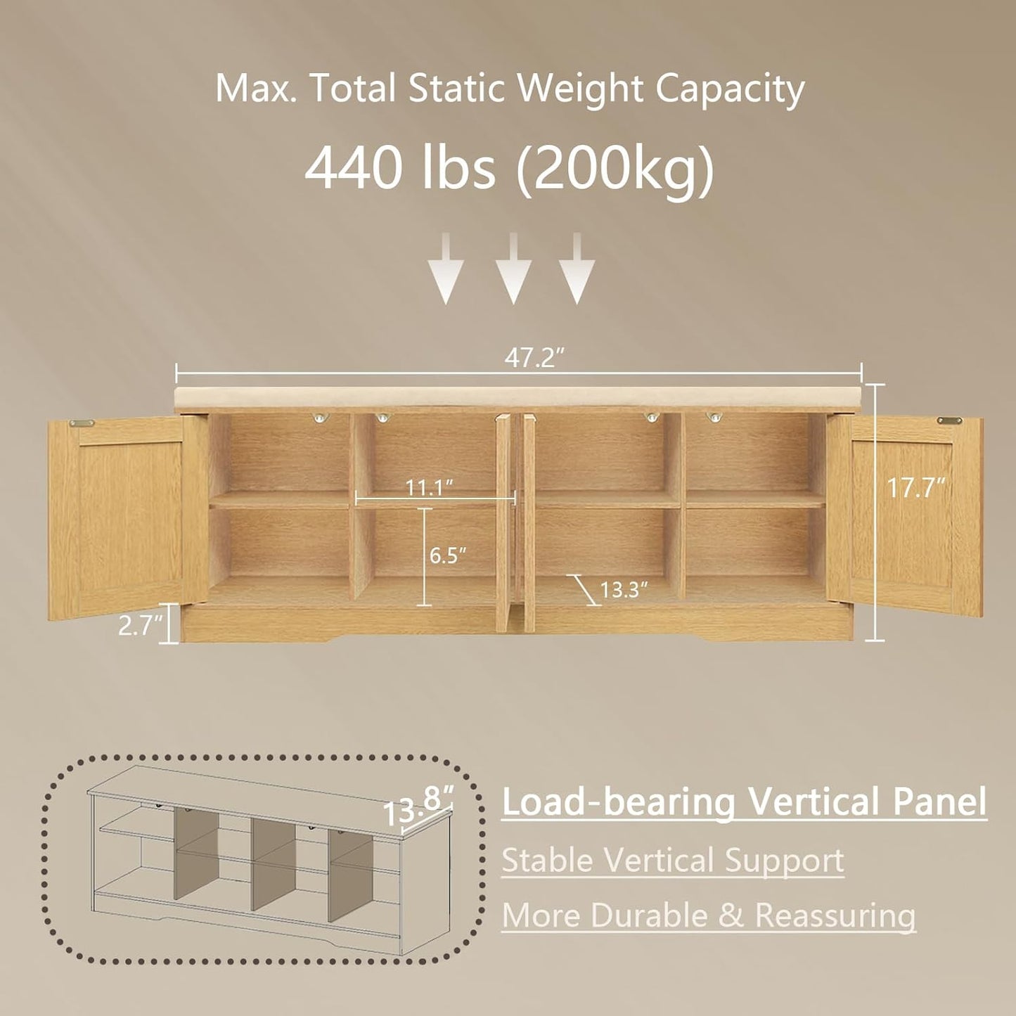 DINZI LVJ Shoe Bench, Entryway Storage Bench with Doors, Cushion, 2-Tier Shoe Rack with 8-Cubby, 47.2”L x 13.8”W Shoe Organizer Cabinet, Adjustable Shelf, Living Room, Bedroom Natural