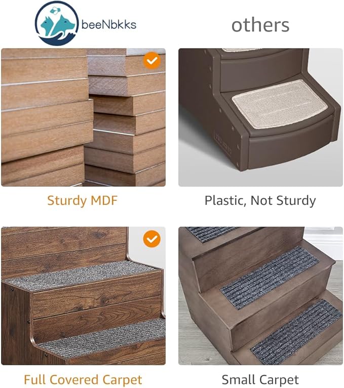 beeNbkks Dog Stairs Furniture, Extra Wide Wooden Pet Steps for Medium Large Dogs and Cats, Non-Slip Pet Ladder for Elderly Injured Pets Short Legged Puppy to Reach Couch Sofa High Bed Windowsill