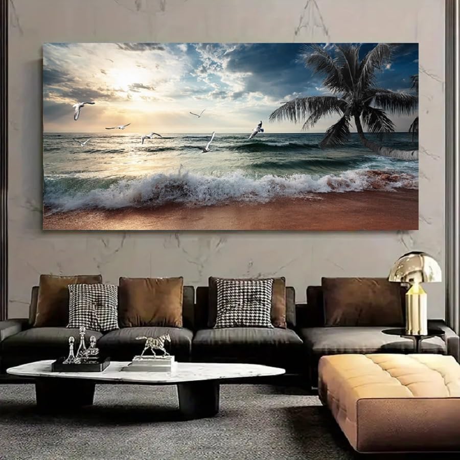 Yxbhhym Large Beach Ocean Canvas Wall Art Coast Sunset Sea Paintings Poster Seascape Picture Palm Artwork for Living Room Bedroom Home Decorations Wall Room Decor Modern Framed 24x48inches