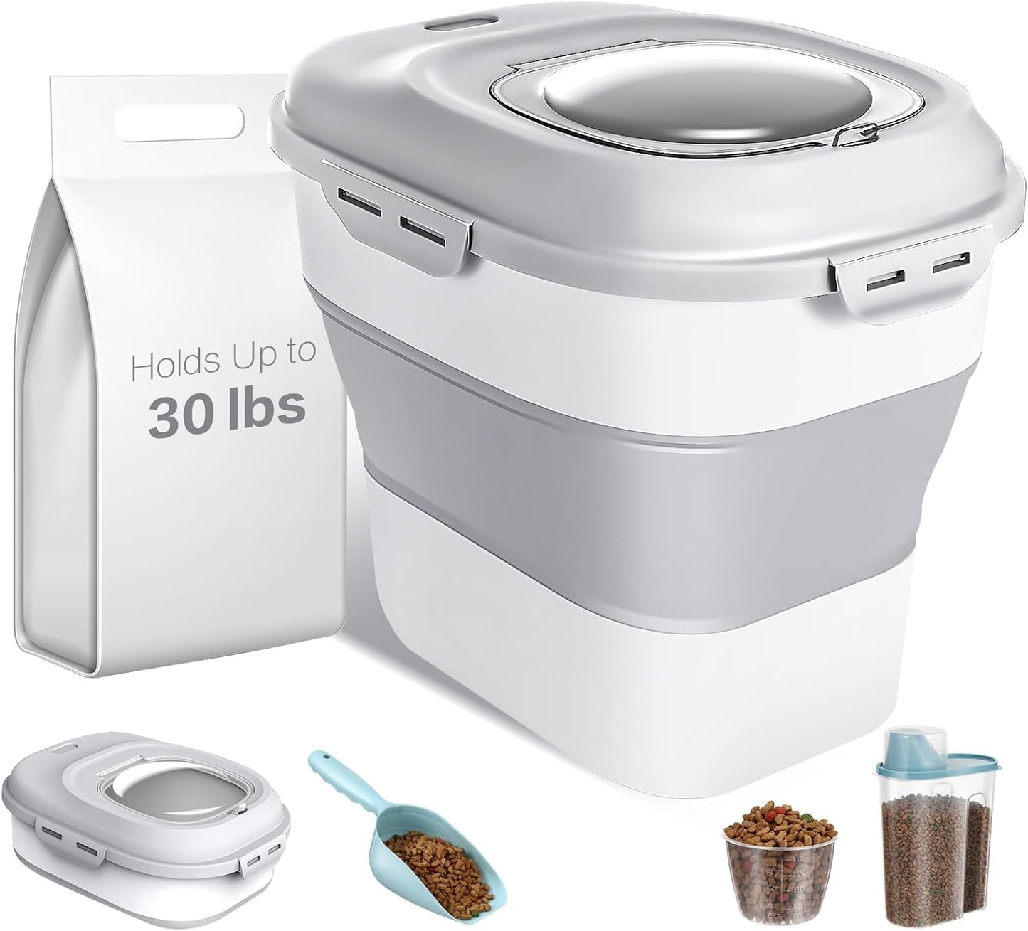 ANVS Dog Food Storage Container - Collapsible Dog Food Container with Airtight Lids, Scoop and 2.5L Small Pet Food Storage Container Dry Food For Dog, Cat and Other Pet Food (Grey, 30lbs)