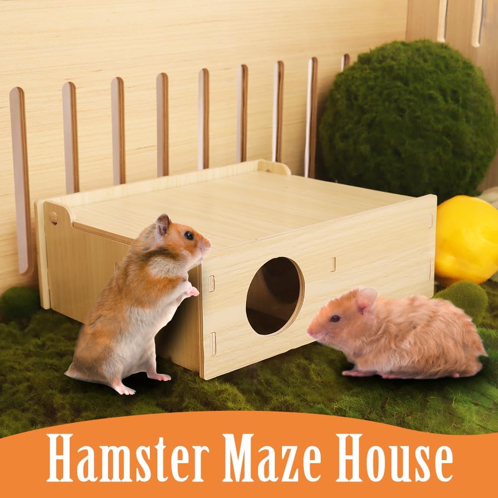 Hamster and Mouse Wooden Tunnel Cage Secret Peep Shed and Explore Hideout Flip Cover Design Hamster Play Tunnel
