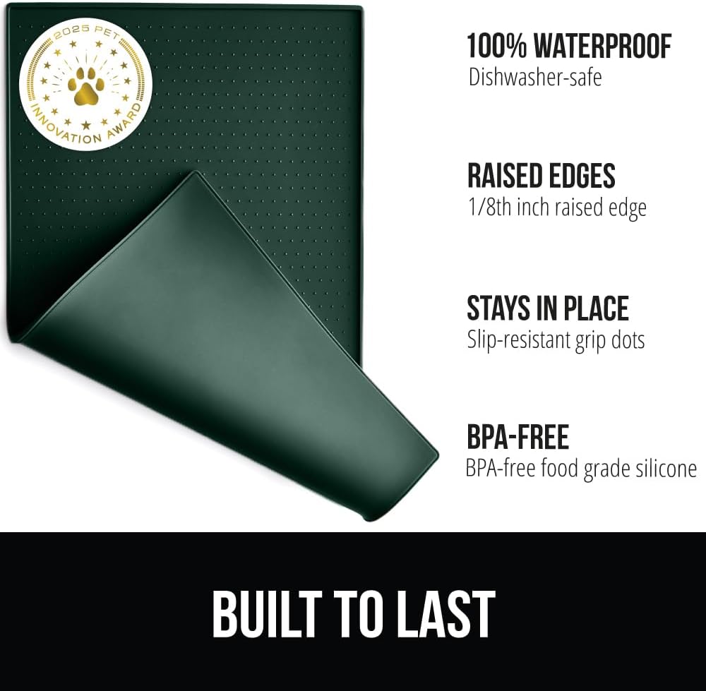 GORILLA GRIP 100% Waterproof Raised Edge BPA Free Silicone Pet Feeding Mat, Dog Cat Food Mats Contain Spills Protects Floors, Placemats for Cats and Dogs Water Bowl, Pets Accessories 23x15 Green