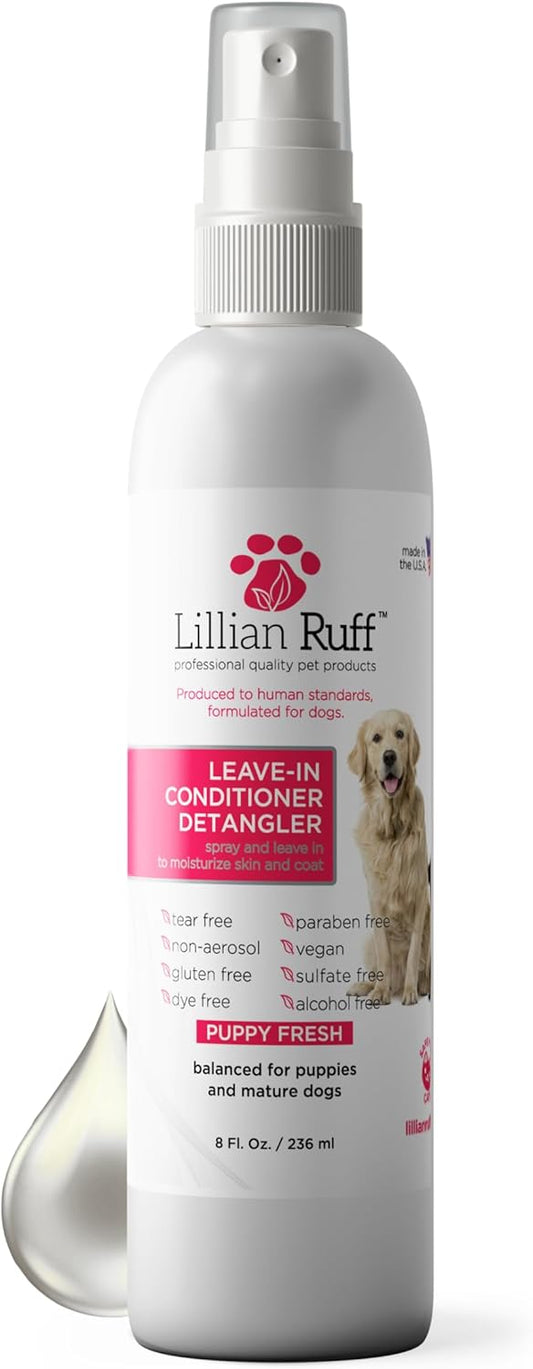 Lillian Ruff Leave-in Dog Conditioner & Detangler Spray - pH Balanced After-Bath No Rinse Hydrating Dog Conditioning Spray - Silky Shine Spray for Dry Skin, Itch Relief, Detangling & Dematting (8oz)