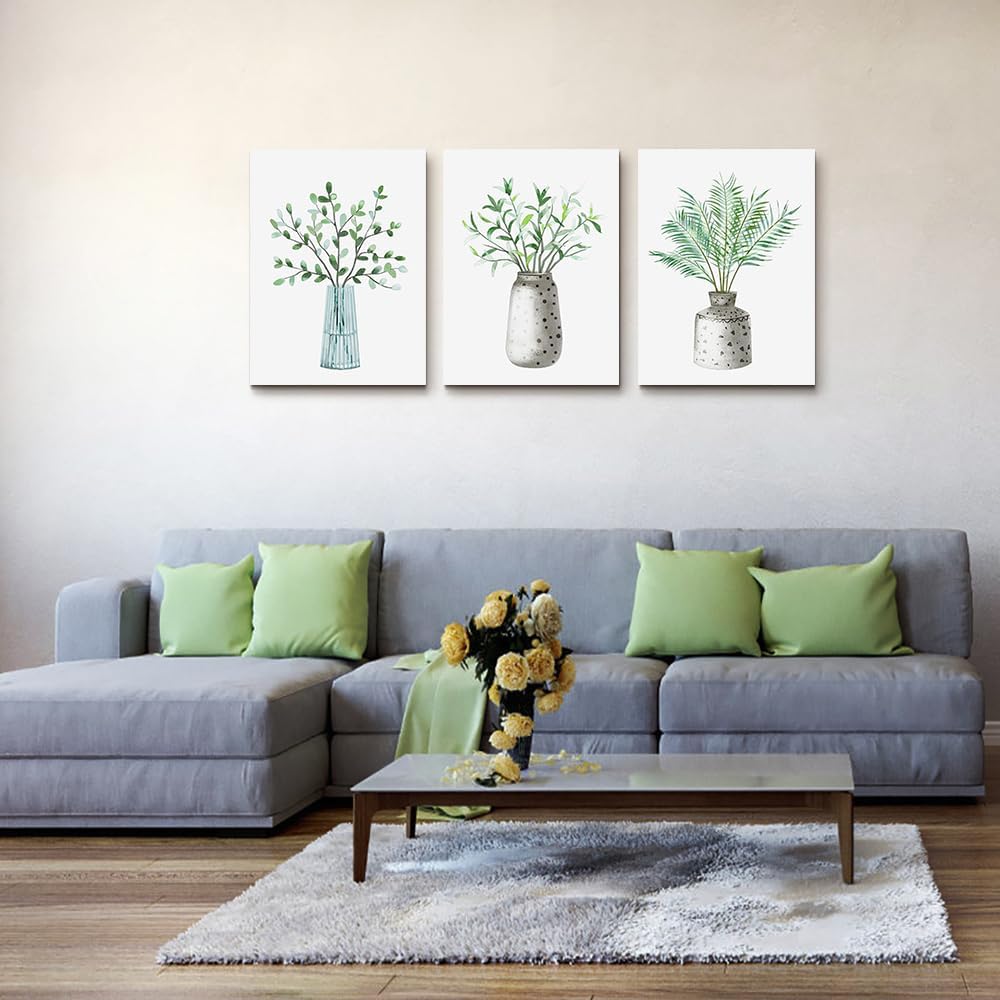 AHUASJART Canvas Wall Art Paintings For Kitchen Dining Room Large Size Wall Decor For Living Room Bedroom Wall Decoration Office Decor Green Leaf Vase Wall Pictures Artwork For Home Walls 3 Piece