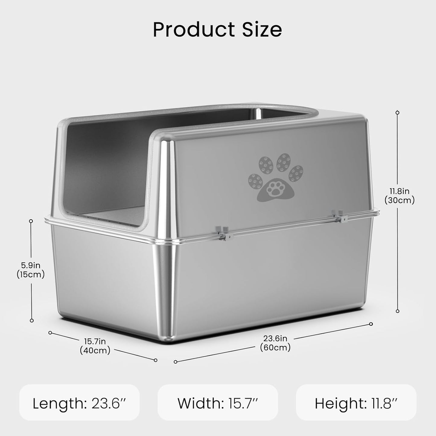 Enclosed Stainless Steel Cat Litter Box with Lid, Metal Litter Box for Big Cats, Extra Large Cat Toilet with High Side, Non-Stick, Anti-Leakage, Odorless, with Cats Litter Mat & Litter Scoop