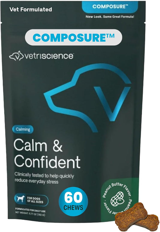 VetriScience Calm & Confident Chews, Composure Clinically Tested Anxiety and Calming Chews for Dogs, Reduce Stress, Ideal for Thunderstorms, Fireworks and Travel, Peanut Butter, 60 Count
