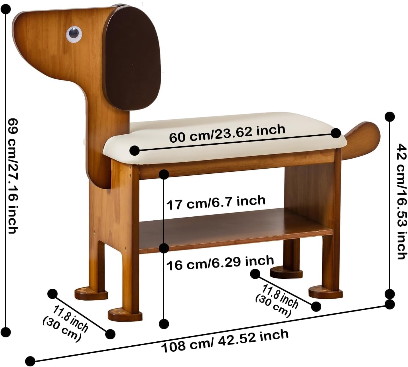 latifolia Puppy Shoe Bench, 2-Tier Solid Wood Entryway Organizer, Cute Pet-Shaped Shoe Bench for Hallway & Living Room,(23.62 inch)