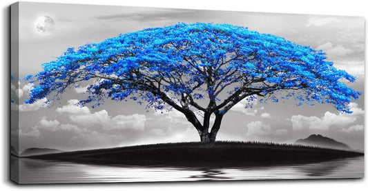 canvas wall art for living room bathroom Wall Decor Black and white landscape Blue tree moon painting to Hang Home Decorations for office bedroom kitchen Works canvas Prints pictures 24" x 48"inch