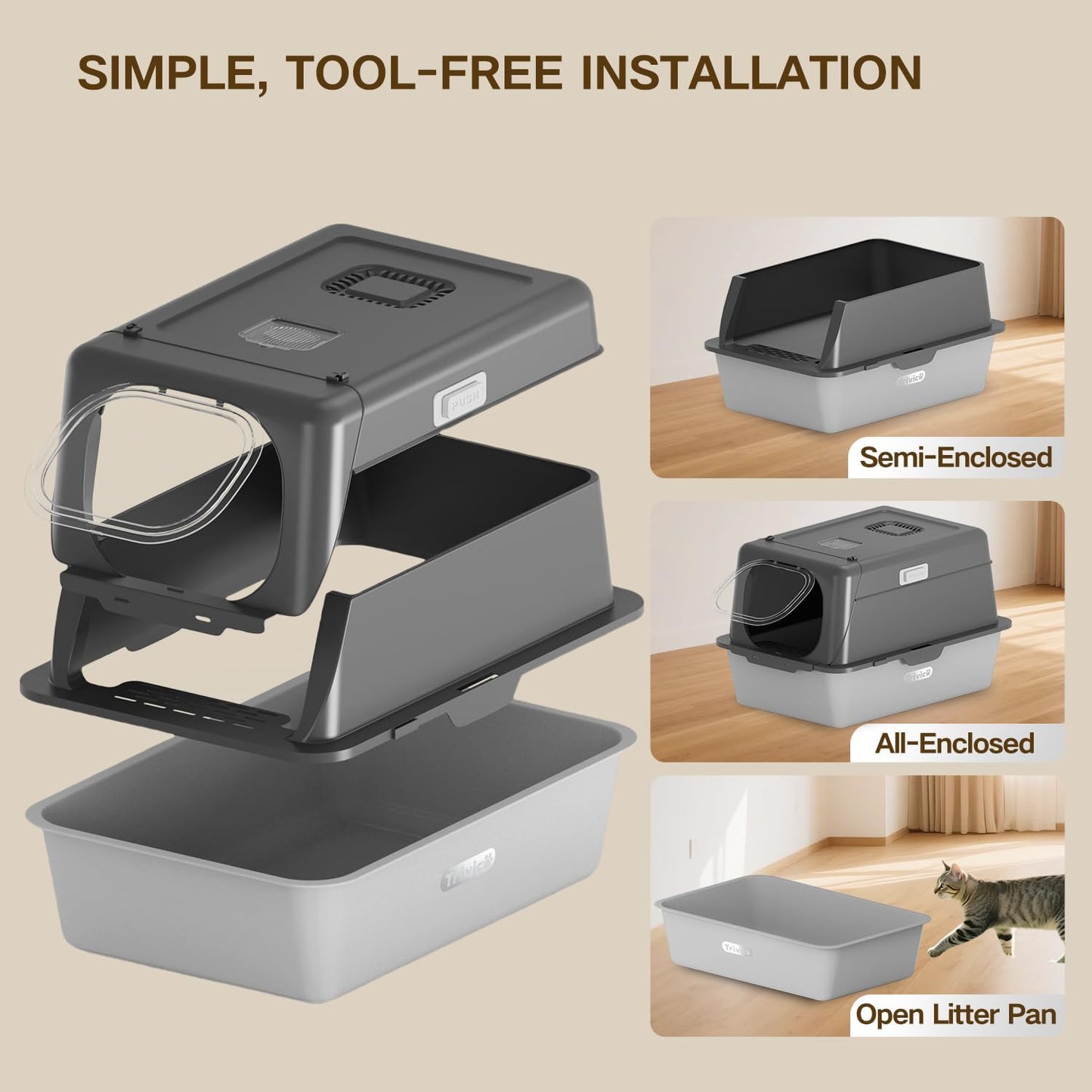 XX-Large Stainless Steel Cat Litter Box with Lid – Fully Enclosed Large Litter Box for Big Cats, Odor Control with Magnetic Door, Easy Clean, Multi-Cat Durable Metal Pan.(Grey)