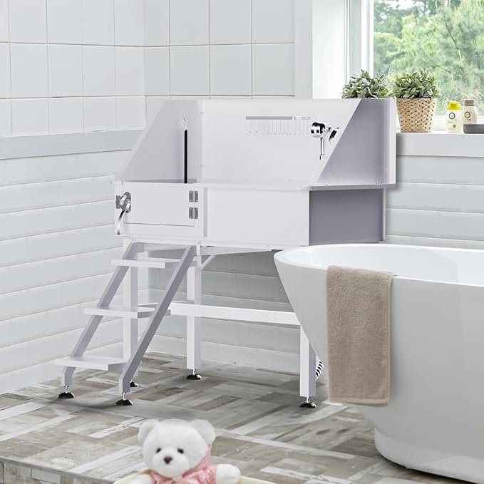 Dog Washing Station for Home, 38" White Professional Stainless Steel Dog Grooming Tub, Height Adjustable Dog Bathing Station, Upgrade Parts, Dog Bath Tubs for Small & Medium Dogs(Left Stair)