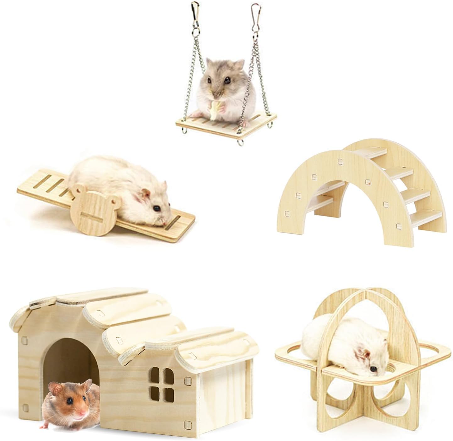Hamster Toys 5-Piece Set,Hamster House, Swing, Climbing Ladder, Seesaw & Exercise Wheel,Pet DIY Sport Exercise Toys Set, Small Animal Habitat Accessories,Gerbils, Mice(Natural Wood A)