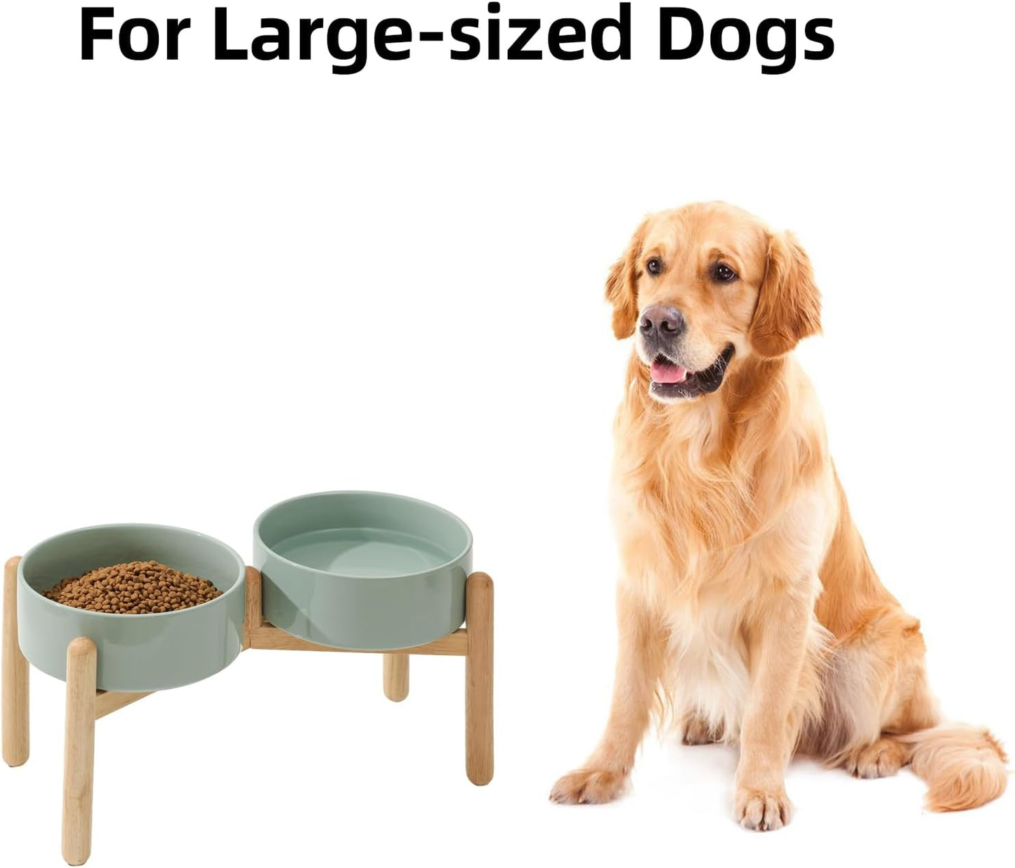 Ceramic 8.2inch Raised Dog Bowl with Stand for Large- Breed Dogs, Pet Food and Water Feeder (Double Bowl with Stand - Light Green)