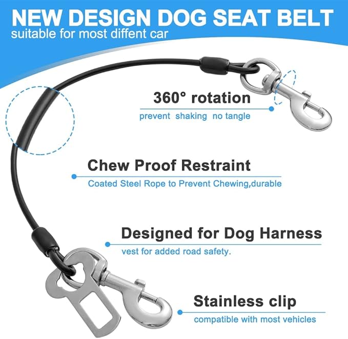 Dog Seat Belt Harness for Car,2pcs Dog Seatbelt of Coated Wire Leash Safety Restraint,No Chew Tether Cable Vehicle Dogs Accessories,Double Clips & Latch (Black, 24 inch/60 CM)