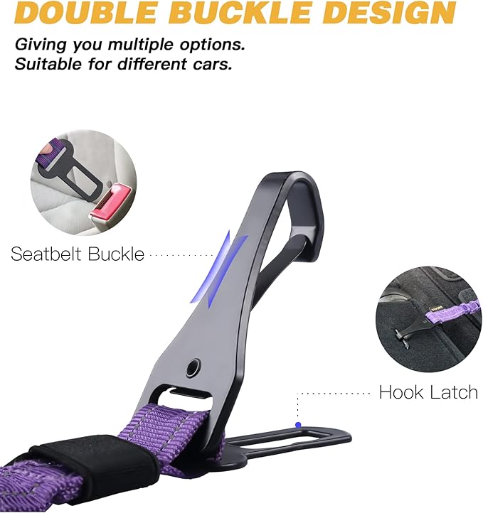 AUBELL Dog Seat Belt for Car,Updated 3-in-1 Adjustable Reflective Bungee Heavy Duty Dog Car Harness Tether with Clip Hook Latch & Buckle,Swivel Zinc Alloy Carabiner,Purple