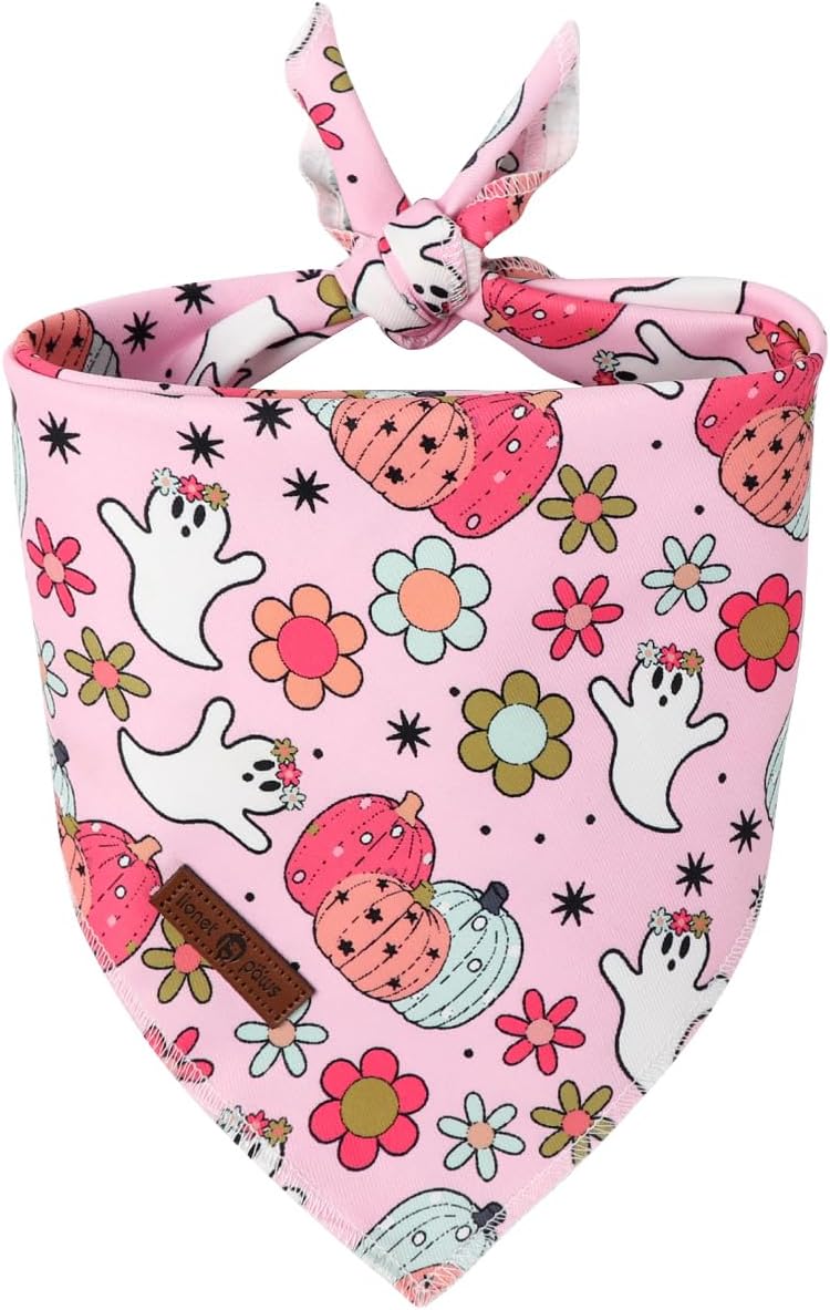 Lionet Paws Halloween Dog Bandana Washable Cotton Handkerchief Scarf Triangle Flower Ghost Pink Bandanas for Medium Large Dogs Girl