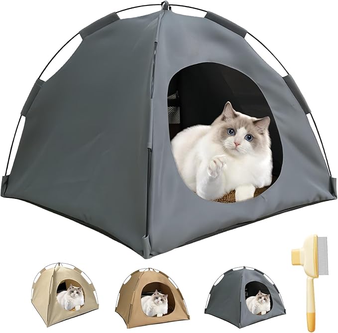 BreezyDen Pop-Up Pet Tent – Portable Hideaway for Cats & Small Dogs, Portable Indoor/Outdoor Pet Tent House with Mesh Window, Waterproof, Breathable, Scratch-Resistant, Fully Washable (Gray,M)