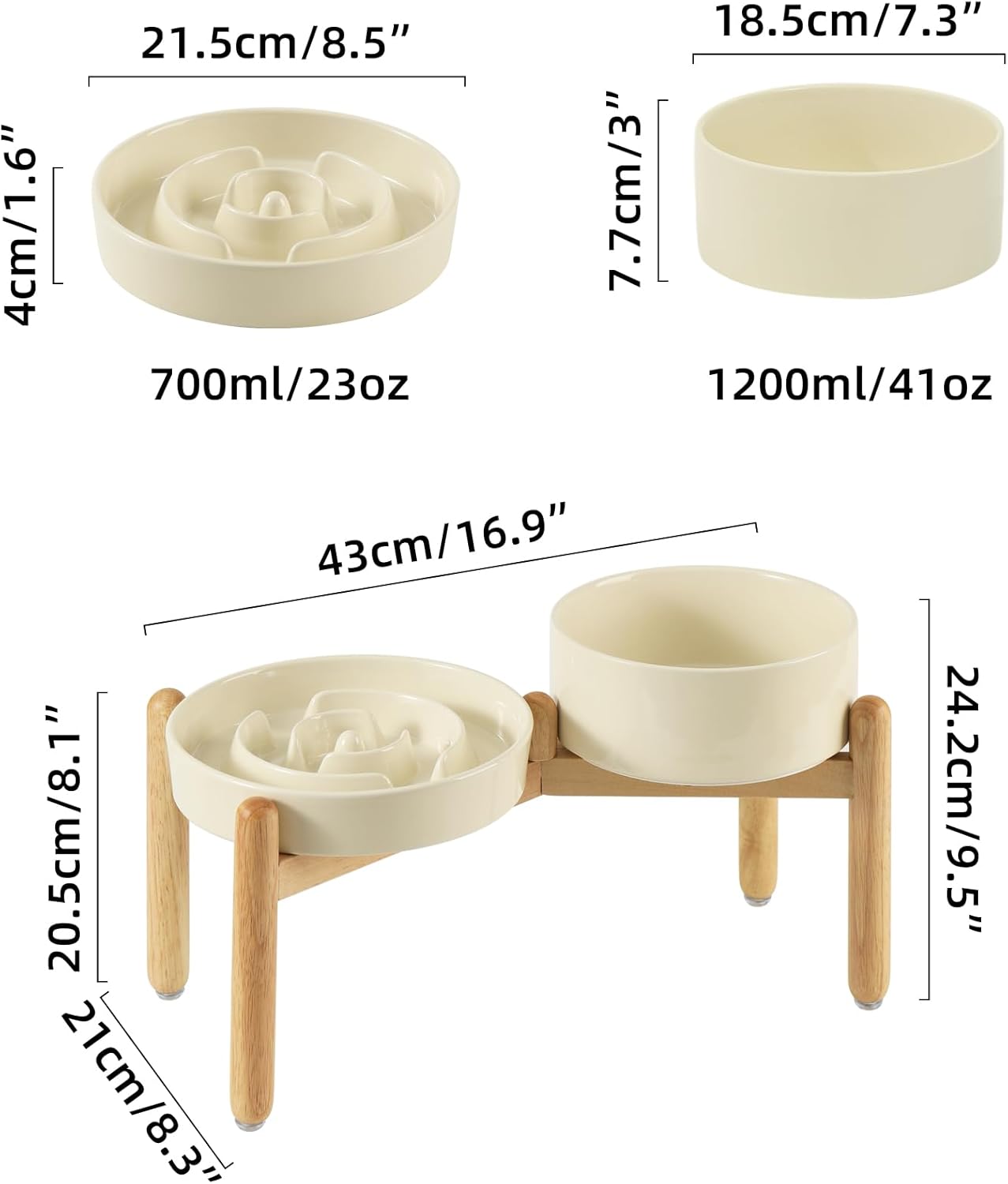 Ceramic Raised Slow Feeder Dog Bowl Set, Elevated 7.3inch Bowl and 8.2inch Puzzle Slow Dish with Wooden Stand for Medium and Large Dog, Anti-Gulping (2X Beige+ Stand)