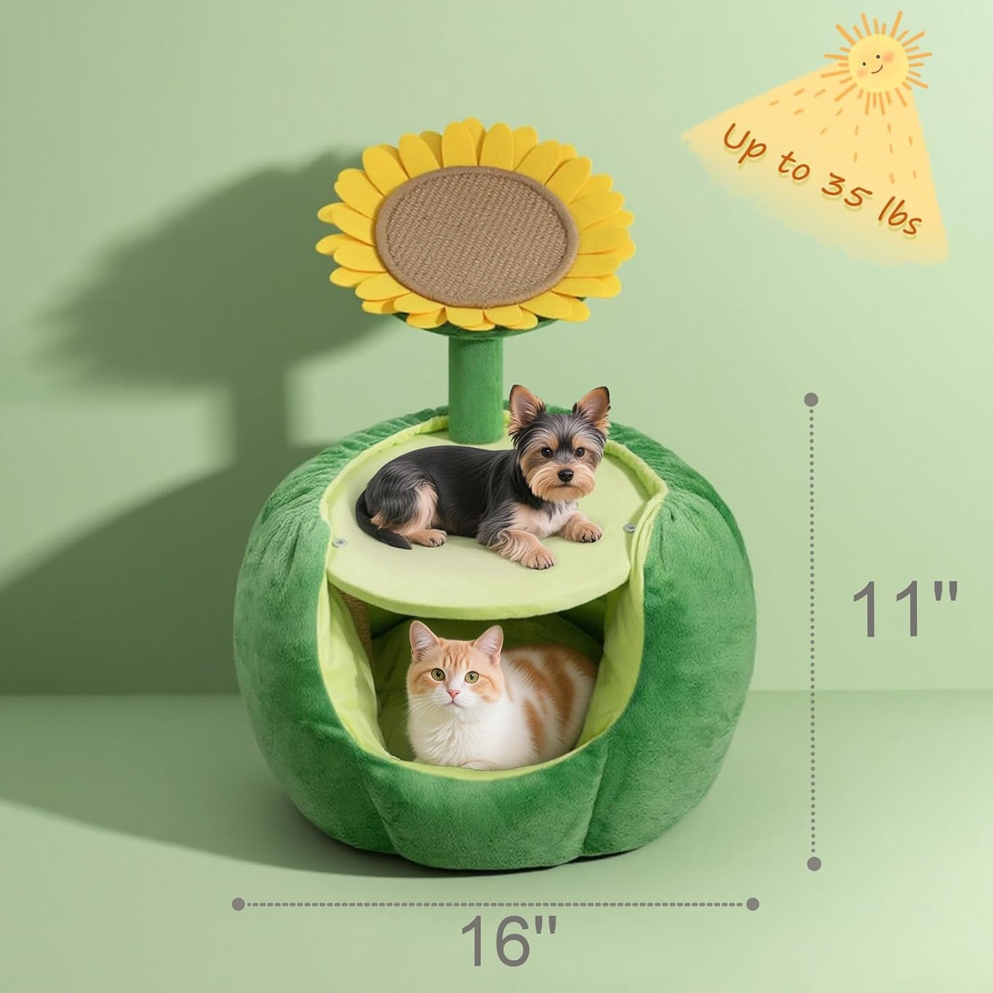Cat Houses for Indoor Cats, Small Cat Tree with Sisal Mat and Plush Perch, Cute Cat Bed Cave with Soft Pillow, Sunflower Design