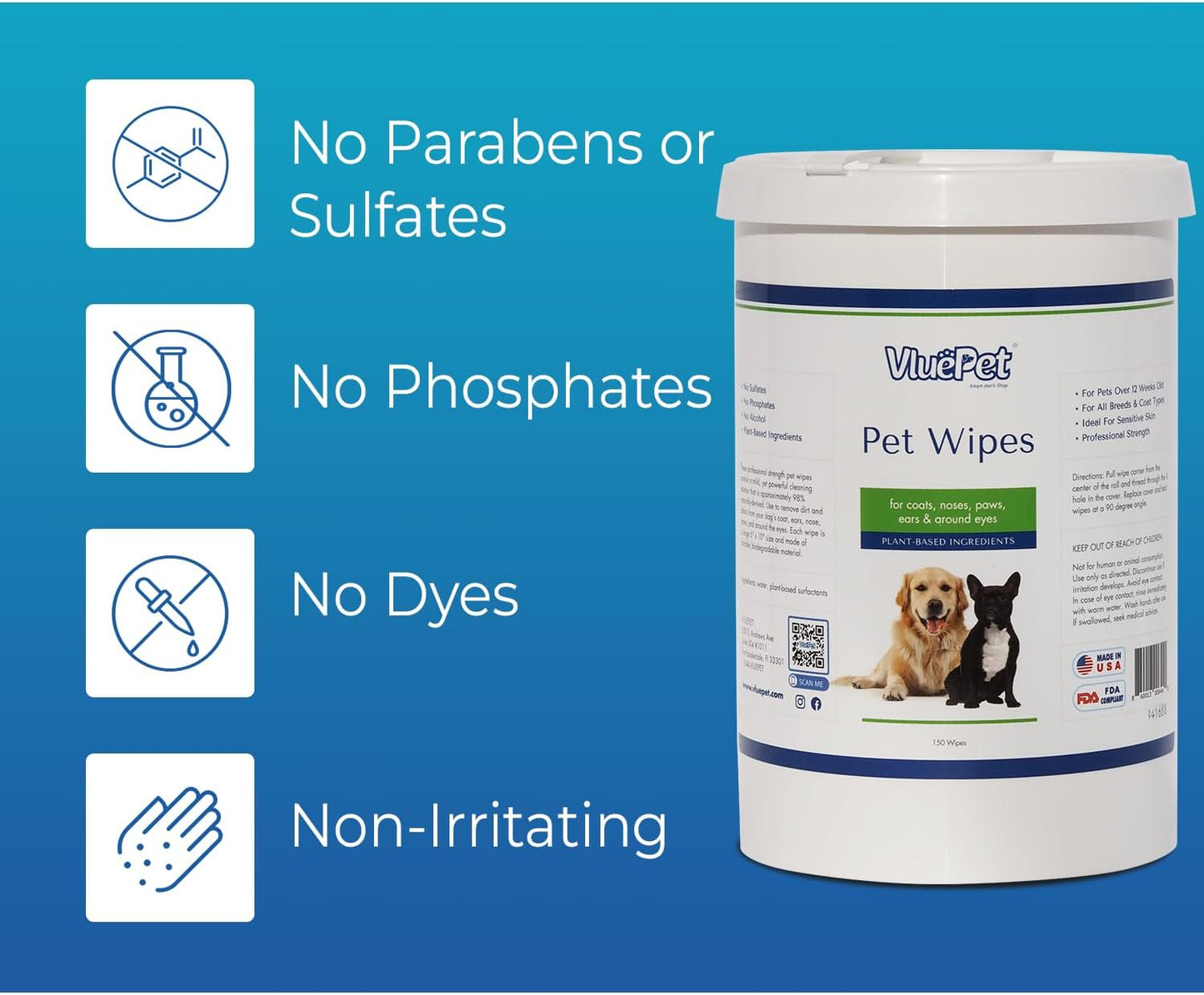 VLUEPET - Pet Wipes for Dogs & Cats | Biodegradable, Natural & Unscented Grooming Wipes for Paws, Coat, Ears, Eyes & Rear | Soft, Durable & Safe for Daily Cleaning, Fragrance-Free | 150 Count