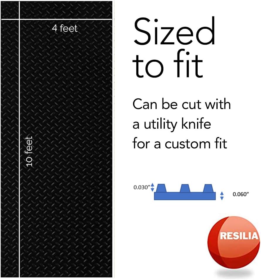 RESILIA Heavy Duty Garage Floor Runner & Protector Mat - Slip Resistant Diamond Plate PVC Mats - Water, Spill, & Stain Resistant, Black (4 feet x 10 feet), Made in The USA