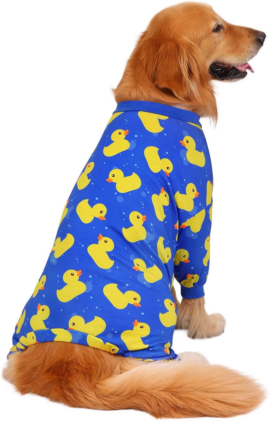 HDE Dog Pajamas One Piece Jammies Jumpsuit Pet Clothes Outfit Stretchy Lightweight Comfy Shirt Pjs for M-3XL Dogs Ducks Blue - XXL