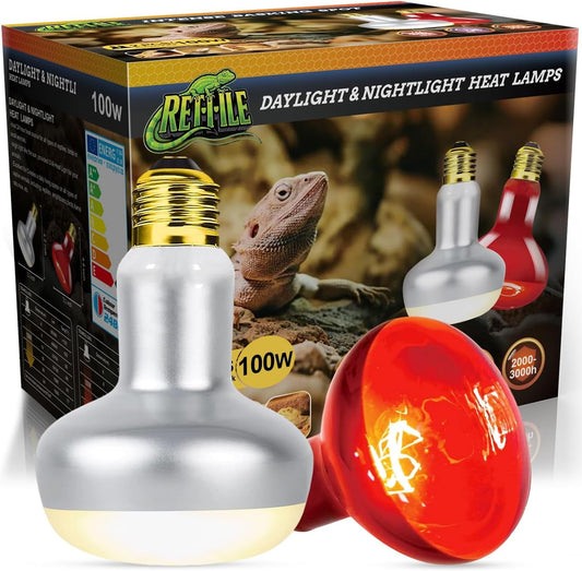 Reptile Heat Lamp Bulb 100W, 2-in-1 Day & Night Combo, Infrared Heat Lamp & UVA Sunlight Heating Lamp for Reptile Terrariums
