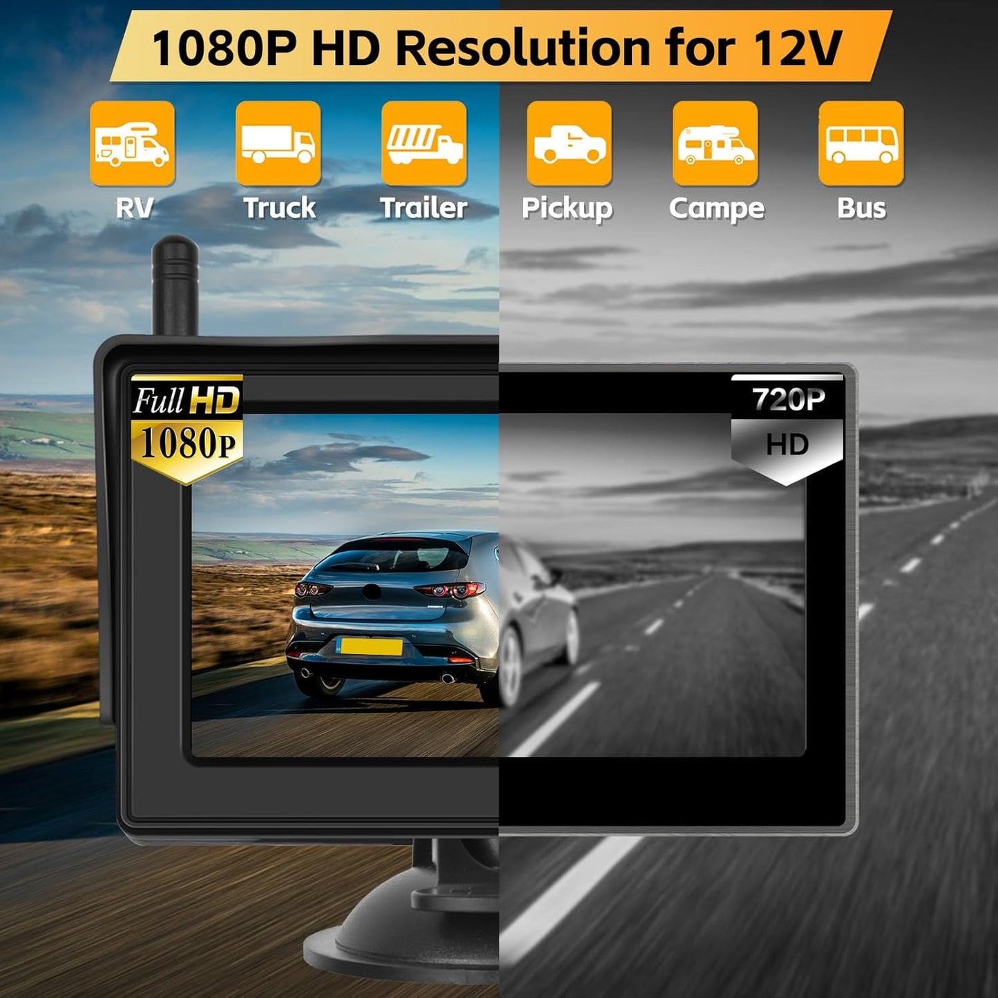 Hikity Wireless Backup Camera System 4.7 Inch Car Monitor Kit HD 1080P License Plate Rear View Camera, Digital Stable Signal, Night Version, IP68 Waterproof, Reverse Camera for Cars