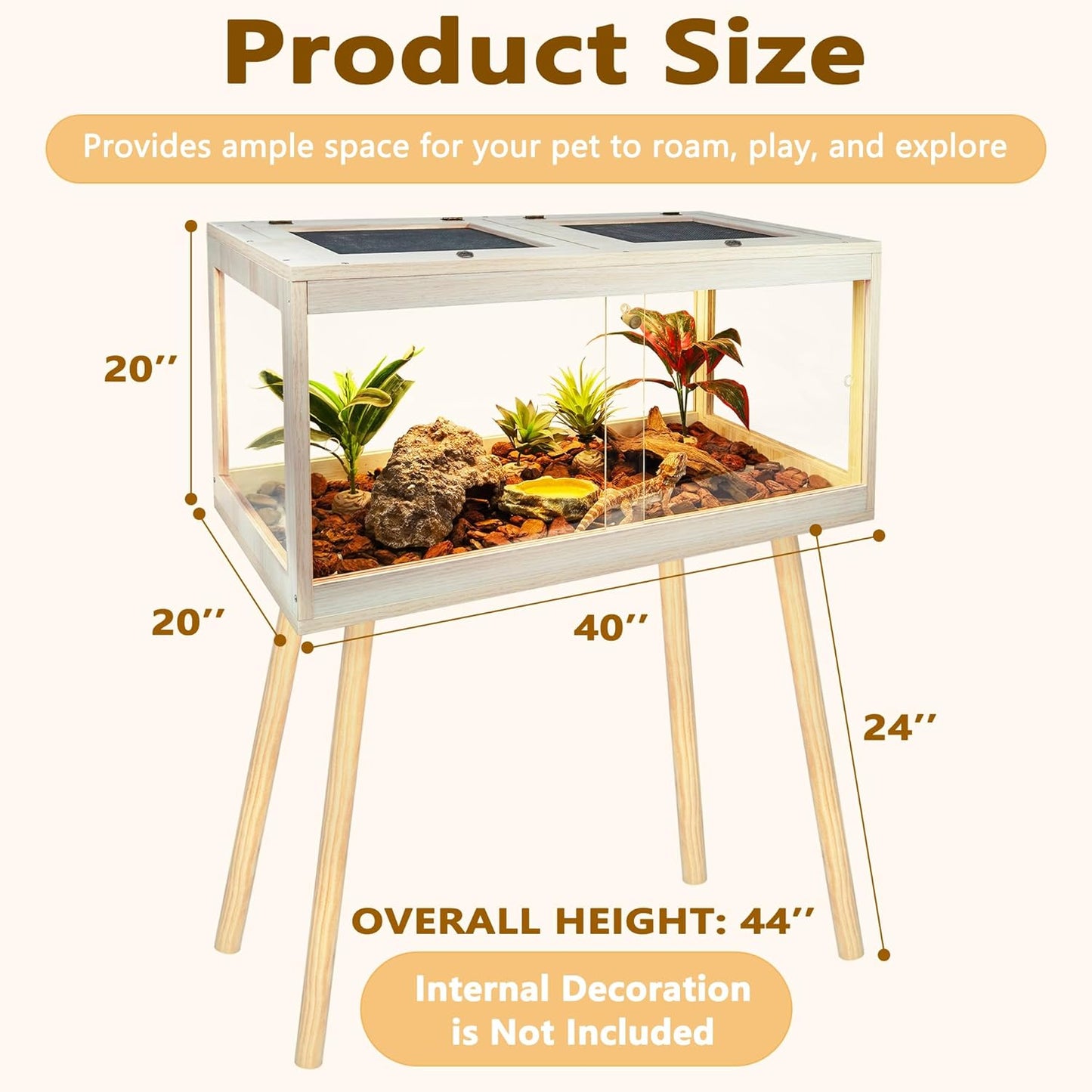 Bearded Dragon Tank with Legs Up to 77 Gallons, Tortoise Habitat with Metal Mesh Top, Reptile Enclosure Lockable Design, Snake Tank (Oak, 62 Gallon, 40" L x 20" W x 47.6" H)