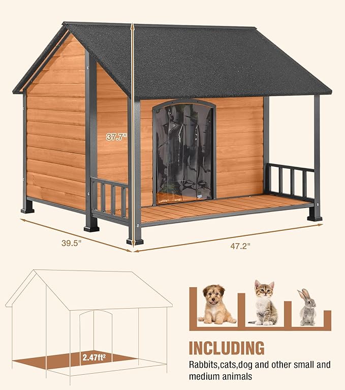 Gutinneen Large Dog House Outdoor with Strength Metal Frame, Outside Dog House with Waterproof Roof, PVC Curtain, Fir Wood Patio, Design for Small & Medium & Large Dogs