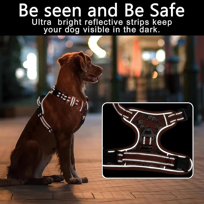 Timos Dog Harness for Large Dogs, No Pull Service Vest with Reflective Strips and Control Handle,No Choke Dog Harness with 2 Metal Rings for Easy Walking,Outdoor Training,Flower Orange, L