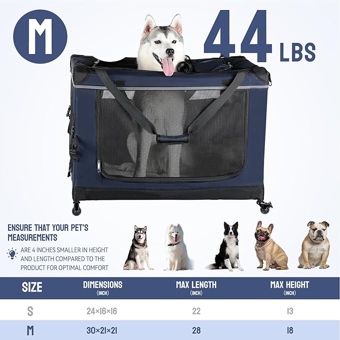 30IN Soft Collapsible Dog Crate w Detachable Wheels, Rolling Travel Dog Crate for Medium Breed Dogs, Portable Dog Kennel with Mesh Windows, Indoor & Outdoor Uses