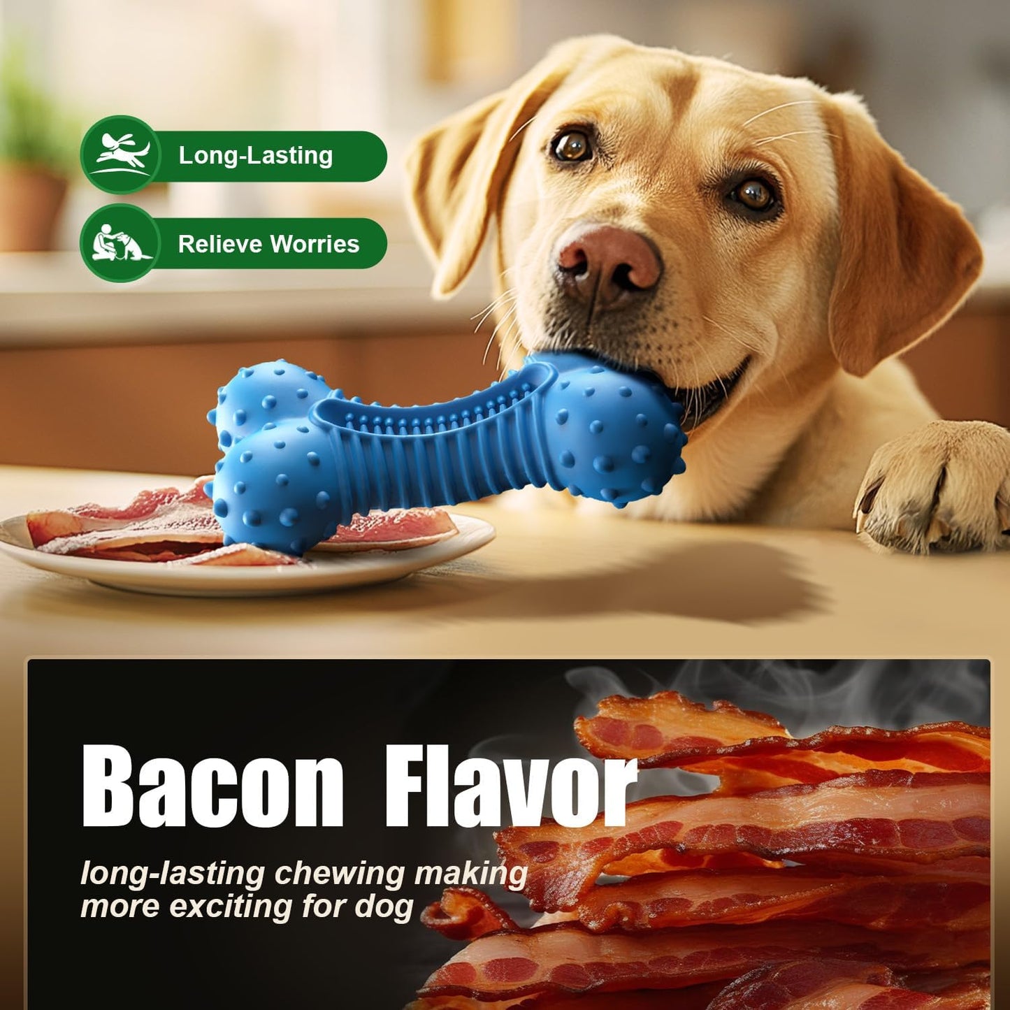 Dog Toys for Aggressive Chewers, Chew Toys for Medium Large Dogs, Durable Natural Rubber Toys with Bacon Flavor, Indestructible Dog Toy,Blue